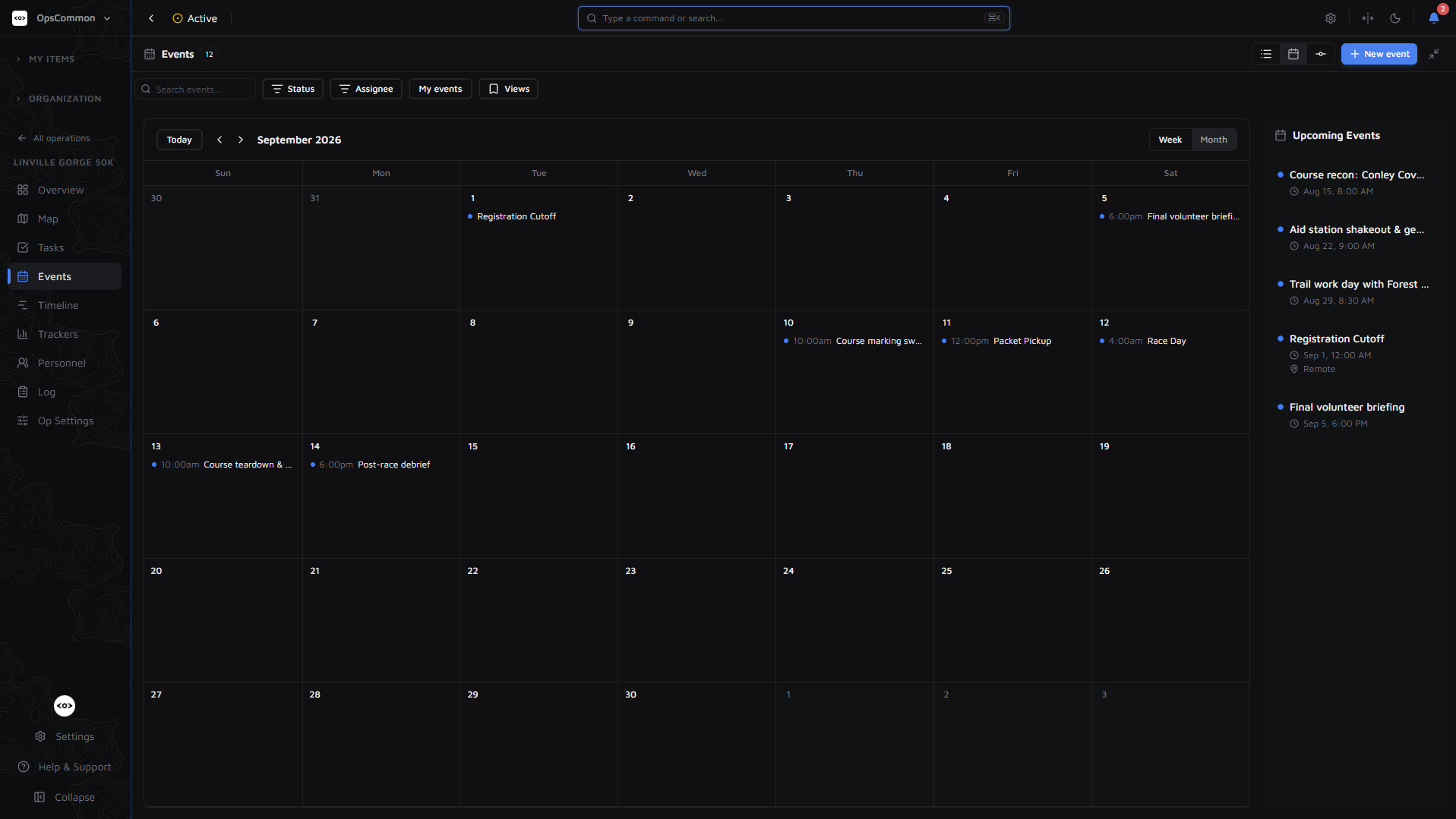 OpsCommon events calendar — month view of scheduled events with an upcoming events list