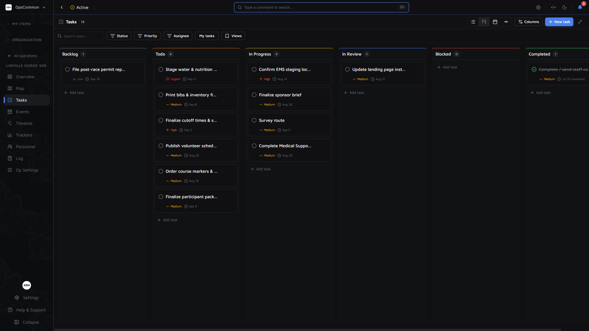 OpsCommon task board — Kanban columns for backlog, todo, in progress, in review, blocked, and completed
