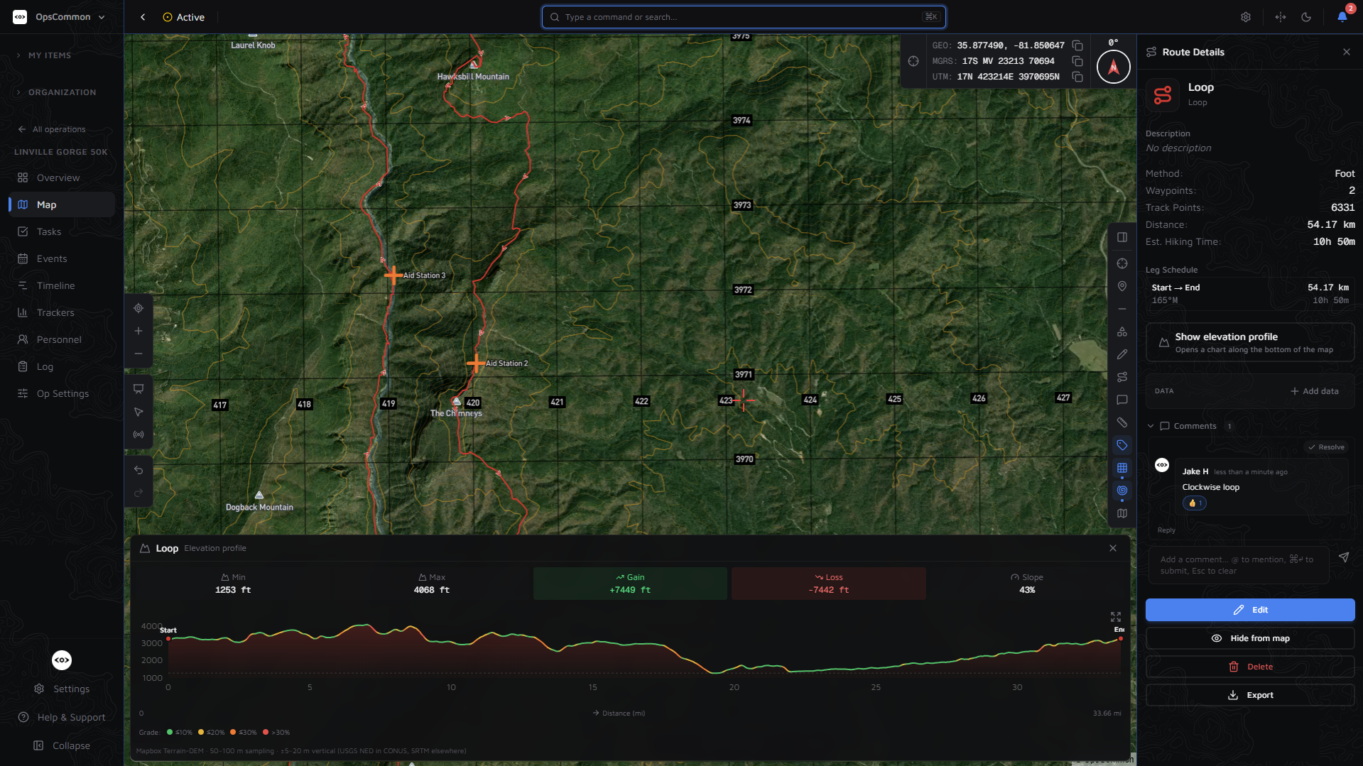 OpsCommon map view — race route over terrain with MGRS grid, aid station markers, elevation profile, and route details with comments