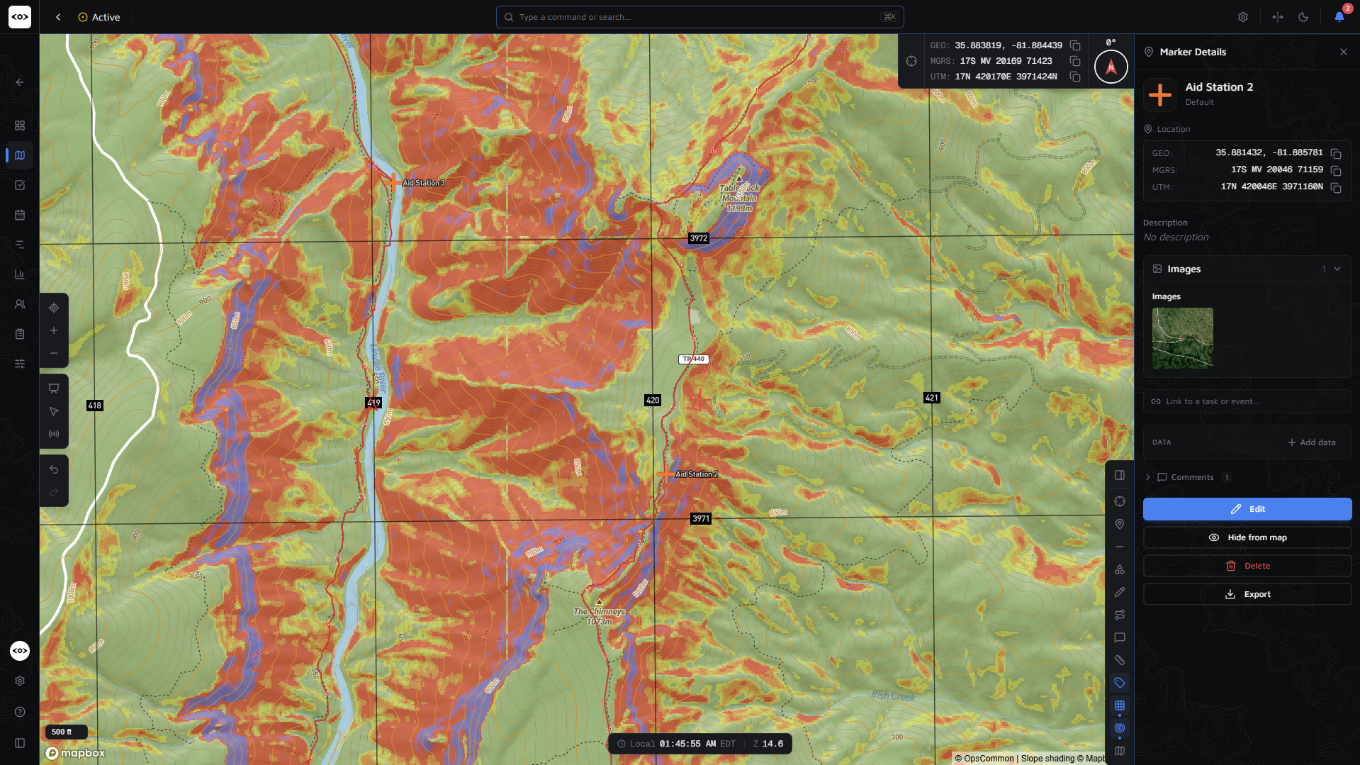 OpsCommon map with slope-angle shading overlay, contour lines, and marker details for an aid station