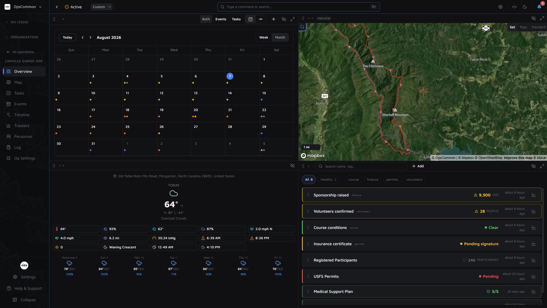 OpsCommon operation overview — calendar of tasks and events, live terrain map, on-site weather, and status trackers in a single view