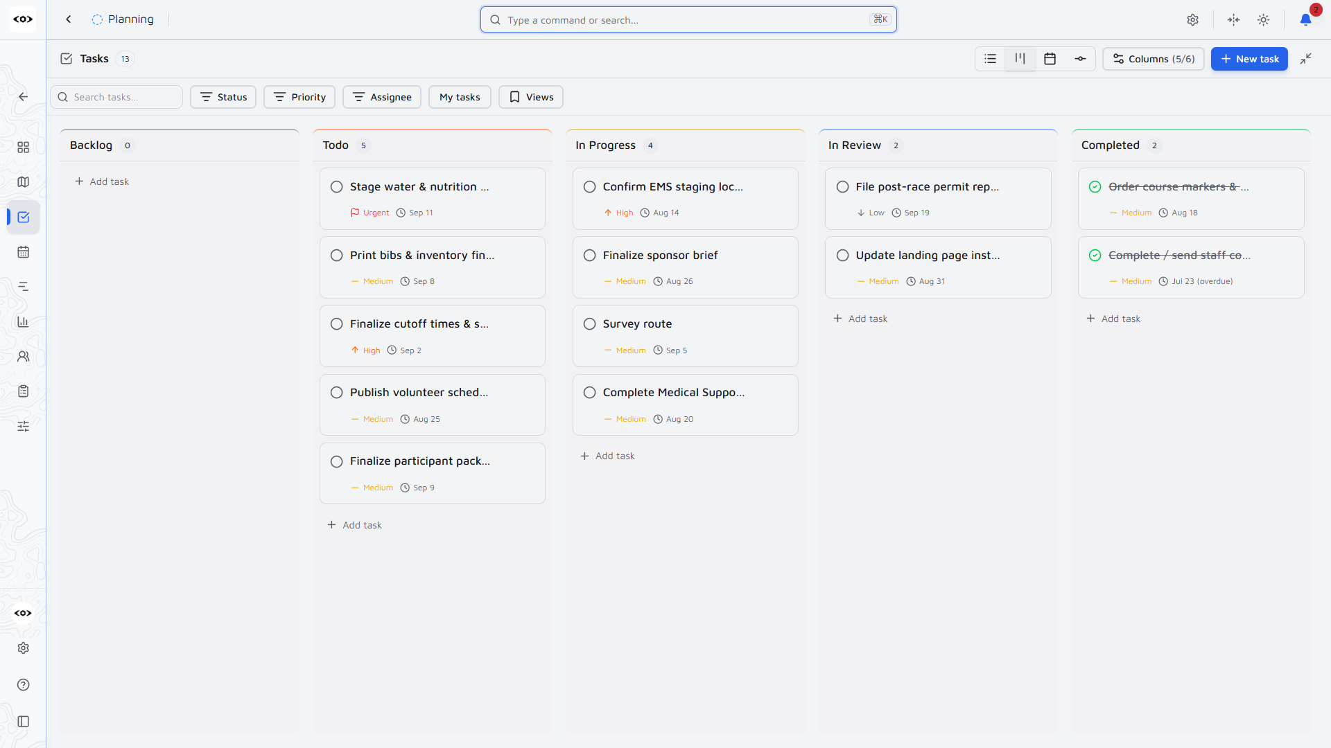 OpsCommon task board — Kanban columns for backlog, todo, in progress, in review, and completed