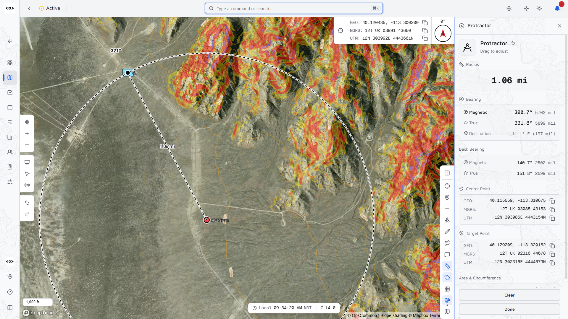 OpsCommon map with slope-angle shading overlay and protractor tool showing radius, magnetic bearing, and GEO/MGRS/UTM coordinates