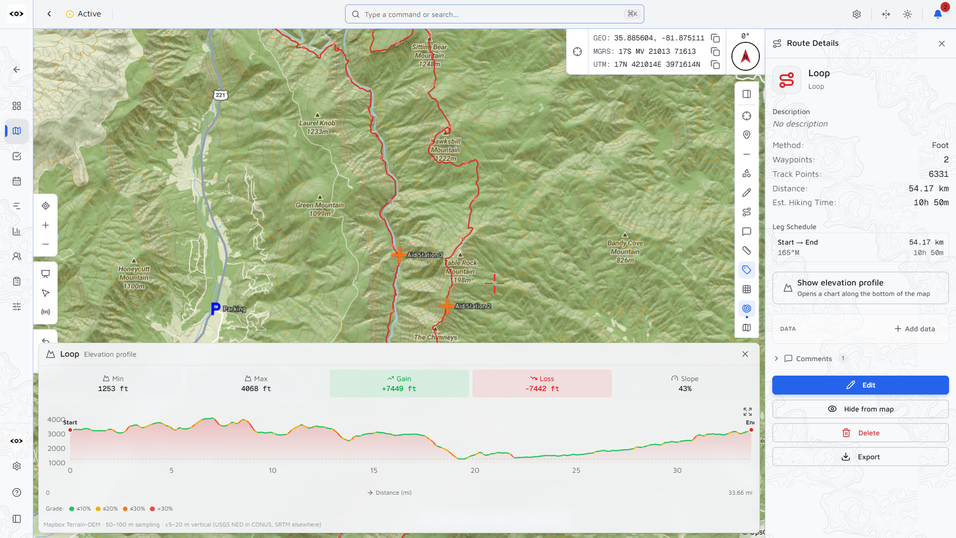 OpsCommon map view — race route over topographic terrain with aid station markers, route details, and an elevation profile with grade coloring