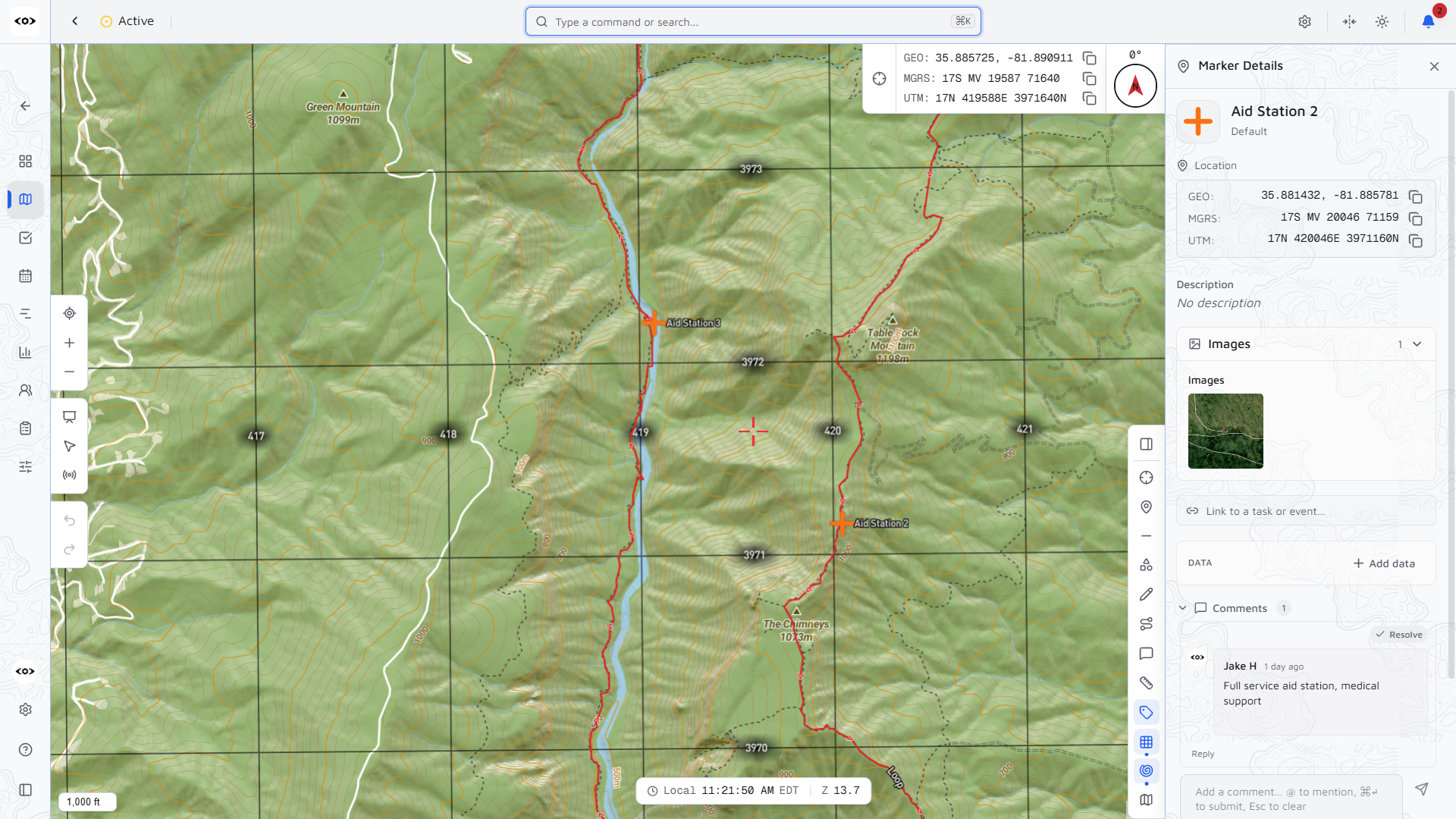 OpsCommon map: route over topographic terrain with an MGRS grid, a marker's GEO, MGRS, and UTM coordinates, photos, and a comment thread